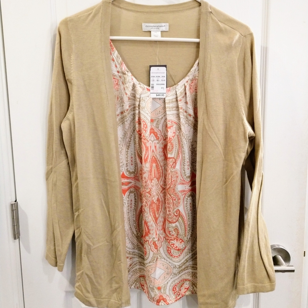 NWT Christopher & Banks Peach Tan Cardigan Twofer